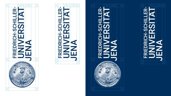 Vertical version of the word-picture mark of the University of Jena on different backgrounds