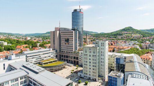 View of Ernst-Abbe-Platz in Jena from above.