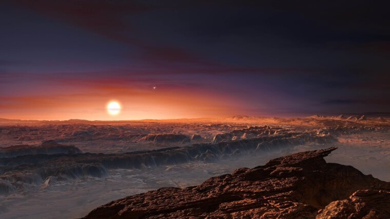 Three suns in the sky of the nearest exoplanet Proxima Centauri b (artist's impression).
