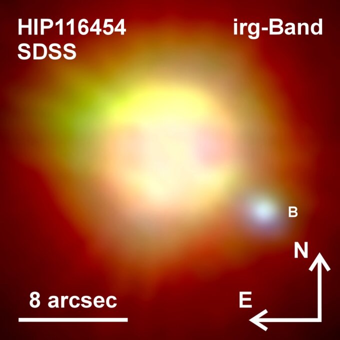 HIP116454 is a planetary host star in the Pisces constellation and it is approx. 200 light years from the Earth. The star is accompanied by a significantly fainter white dwarf (B). The image is an RGB composite image composed of images taken in the i- (760 nm), r- (620 nm), and g-band (480 nm) as part of the Sloan Digital Sky Survey (SDSS).