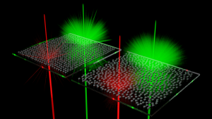 Scattering centers (black disks) on the transparent substrate scatter certain colors of light.