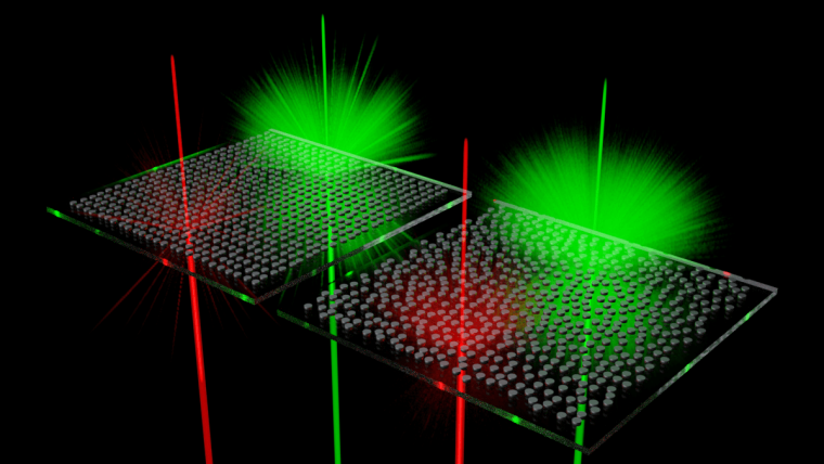 Scattering centers (black disks) on the transparent substrate scatter certain colors of light.