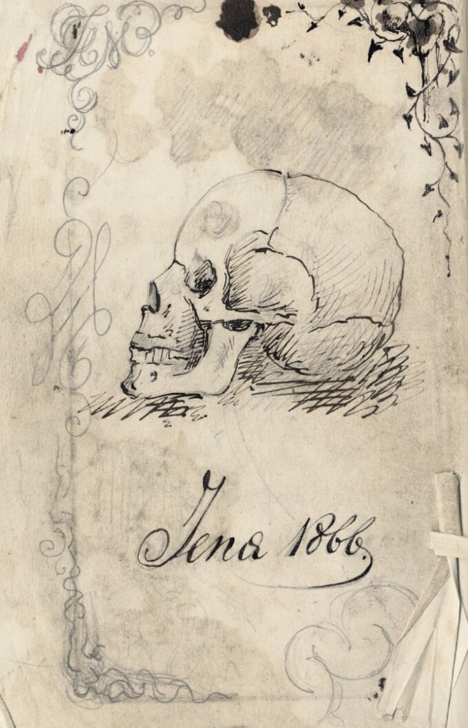 Diese Darstellung eines menschlichen Schädels fertigte Nikolai Miklucho-Maclay als Illustration zur Vorlesungsmitschrift bei Carl Gegenbaur an.