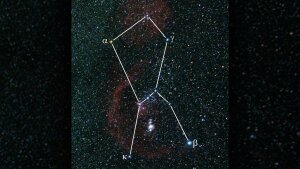 Das Sternbild Orion, Beteigeuze ist mit Alpha markiert.