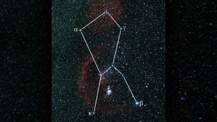 Das Sternbild Orion, Beteigeuze ist mit Alpha markiert.