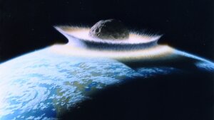 Large asteroid impacts can melt significant amounts of material from Earth's crust (artist's impression).
