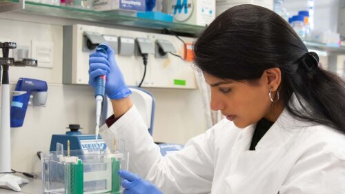 Dr Aishwarya Iyer-Bierhoff pipettes in the laboratory.