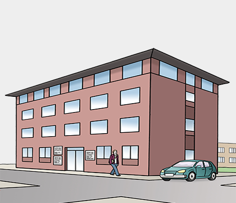 Ein Gebäude mit einer Straße und einem Gehweg davor. Auf der Straße fährt ein Auto. Auf dem Gehweg läuft ein Mensch.