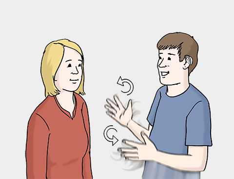 Frau und Mann unterhalten sich. Der Mann macht Gebärden. Gebärden sind für Menschen, die nicht hören können. Gebärden sind Handzeichen.