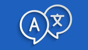 Zwei Sprechblasen mit Schriftzeichen in verschiedenen Sprachen auf blauem Hintergrund, die ein Symbol für Sprachübersetzung darstellen.