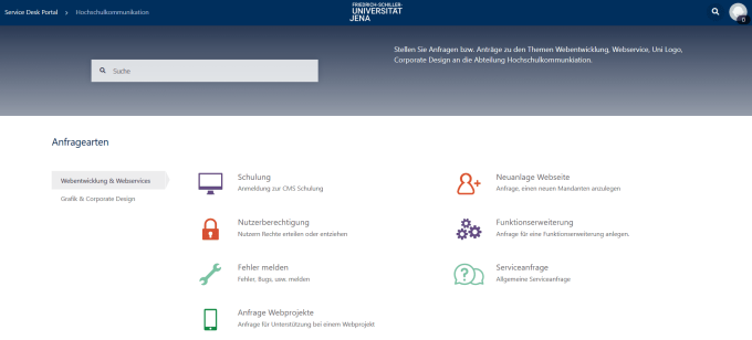 Ein Screenshot des Service-Desk des Bereichs Webentwicklung und Webservices