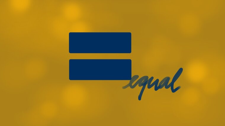 ein dunkelblaues Gleichzeichen mit dem geschriebenen Zusatz "equal" vor goldenem Hintergrund mit Glanzflecken