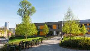 The modern building for Inorganic and Analytical Chemistry. Surrounded by trees in lush green.