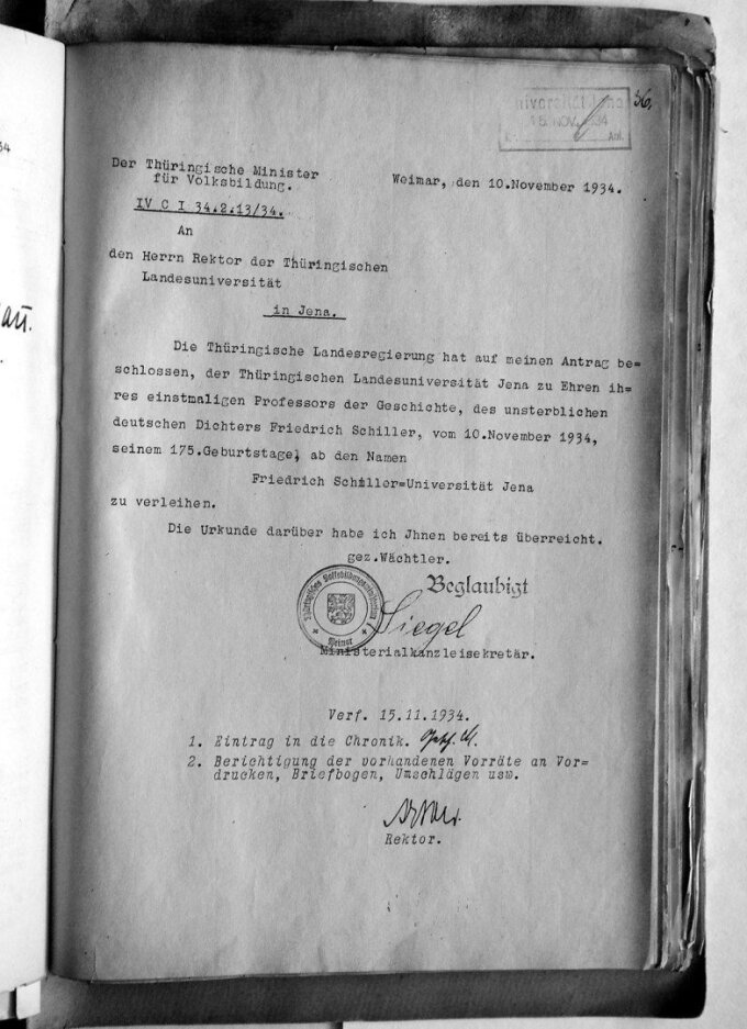 Die Urkunde, mit der der Salana der Name „Friedrich Schiller-Universität Jena" gegeben wurde.