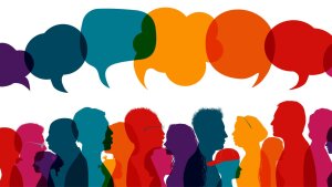 Vector graphic; people with speech bubbles over heads; colorful