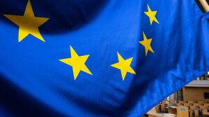 Europe flag stands in a flag stand in the plenary hall of the Thuringian parliament in Erfurt