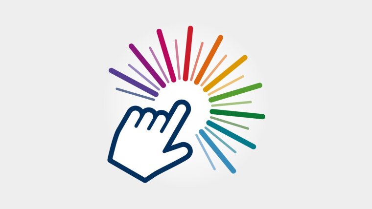 Hand-Icon mit ausgestrecktem Zeigefinger, von dem sich regenbogenfarbene Strahlen ausbreiten